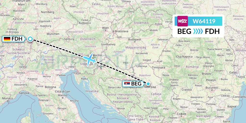 W64119 Wizz Air Flight Map: Belgrade to Friedrichshafen