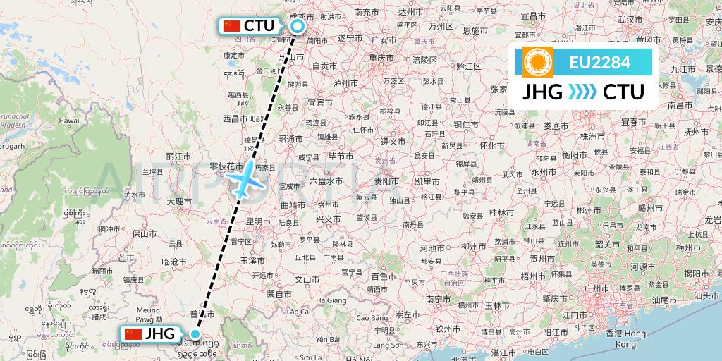 EU2284 Chengdu Airlines Flight Map: Jinghong to Chengdu