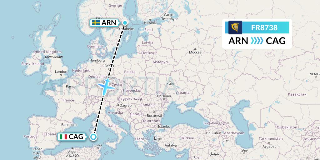 FR8738 Ryanair Flight Map: Stockholm to Cagliari