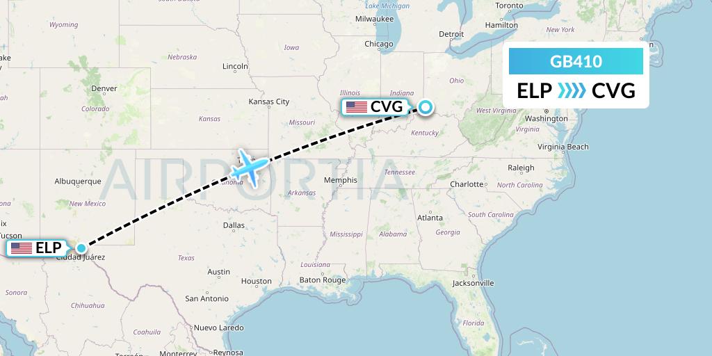 GB410 ABX Air Flight Map: El Paso to Cincinnati
