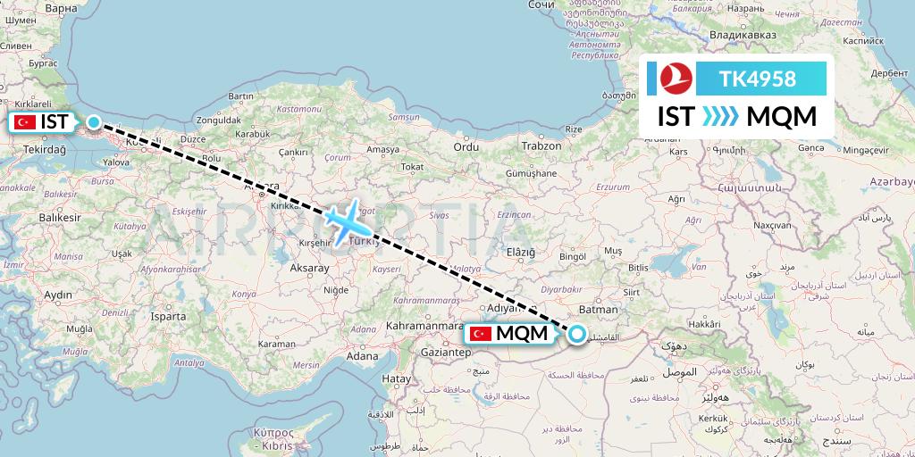 TK4958 Turkish Airlines Flight Map: Istanbul to Mardin
