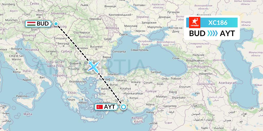XC186 Corendon Airlines Flight Map: Budapest to Antalya