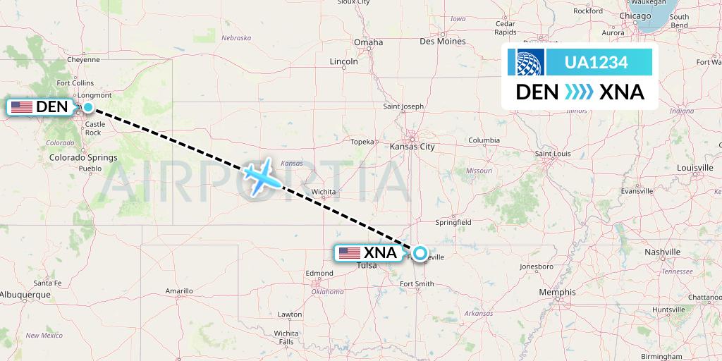 UA1234 United Airlines Flight Map: Denver to Bentonville