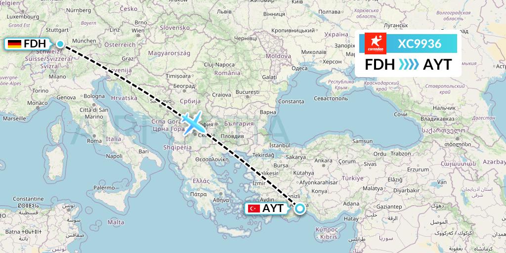 XC9936 Corendon Airlines Flight Map: Friedrichshafen to Antalya