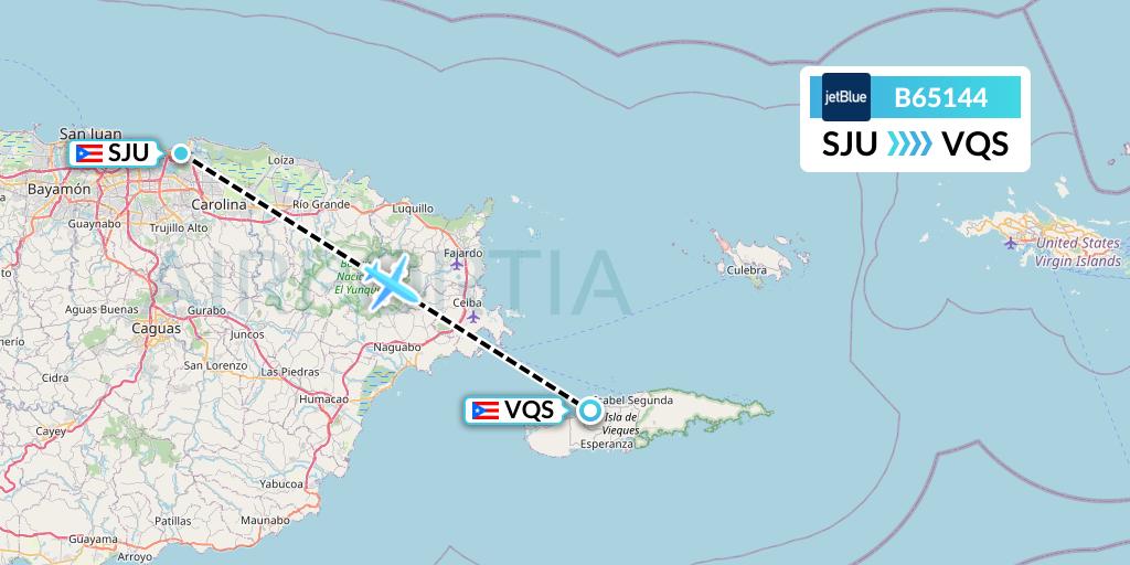 B65144 JetBlue Airways Flight Map: San Juan to Vieques