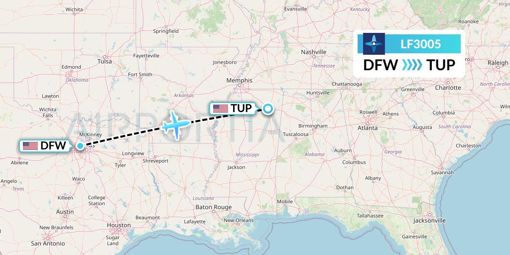 LF3005 Corporate Flight Management Flight Map: Dallas to Tupelo