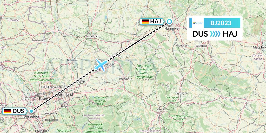 BJ2023 Nouvelair Tunisie Flight Map: Dusseldorf to Hannover