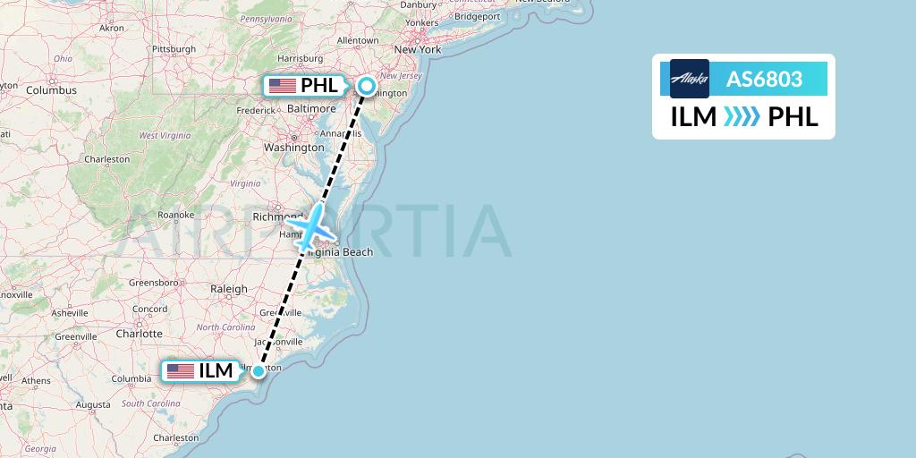 AS6803 Alaska Airlines Flight Map: Wilmington to Philadelphia