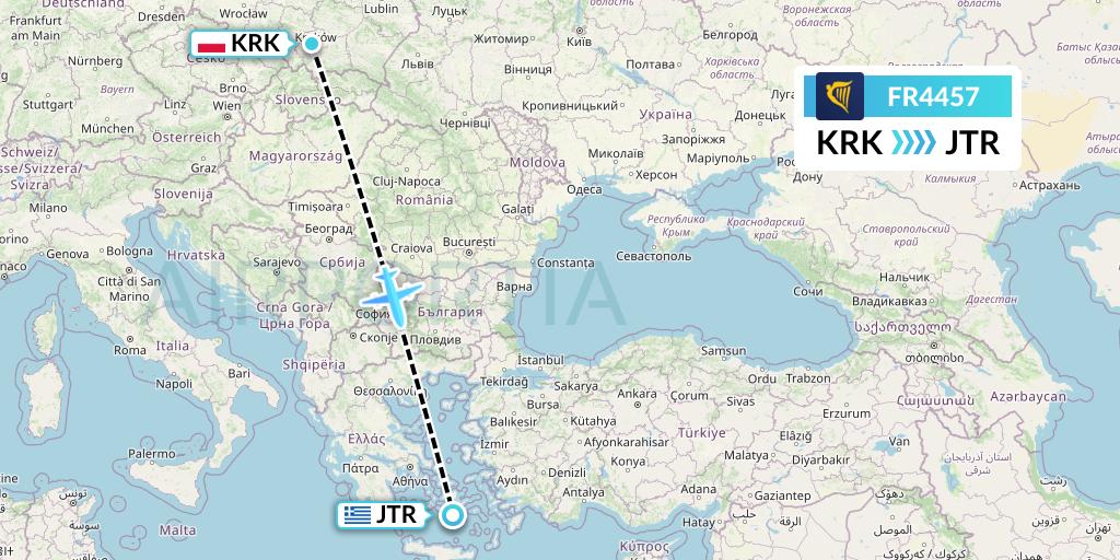 FR4457 Ryanair Flight Map: Krakow to Santorini