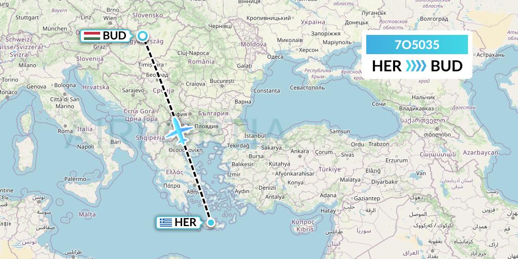 7O5035 Travel Service Hungary Flight Map: Heraklion to Budapest
