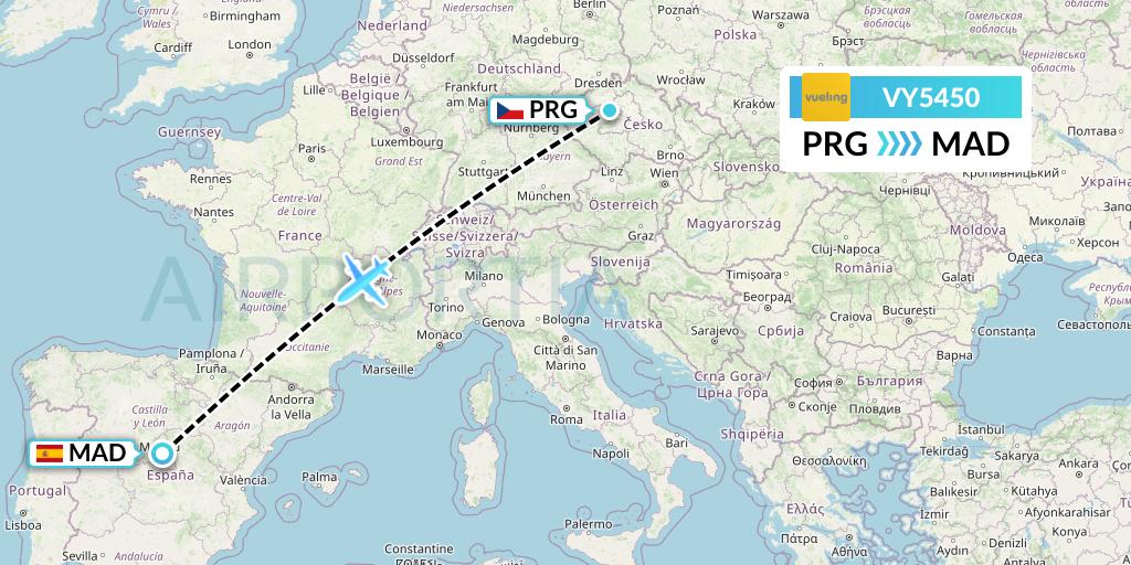 VY5450 Vueling Flight Map: Prague to Madrid