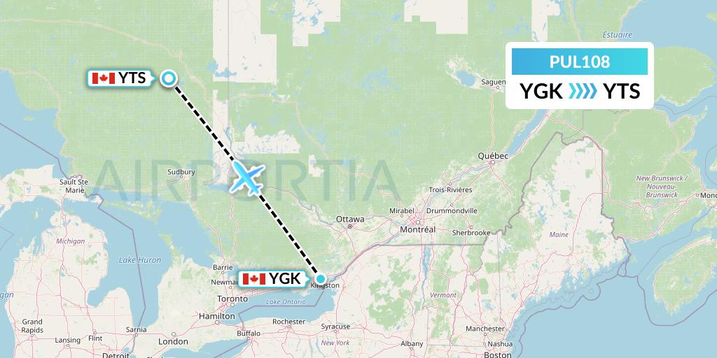 PUL108 Ornge Air Flight Map: Kingston to Timmins