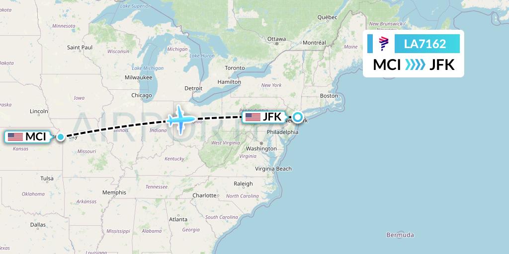 LA7162 LAN Airlines Flight Map: Kansas City to New York