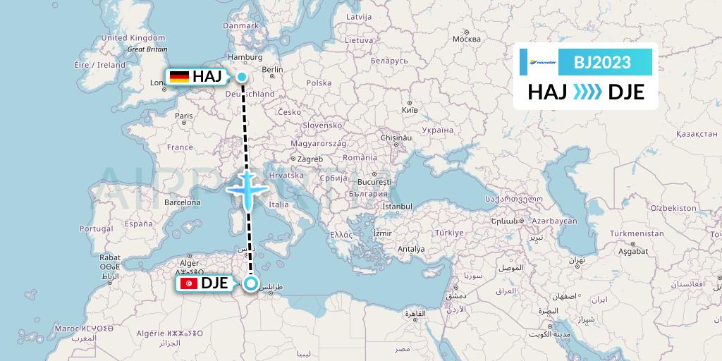 BJ2023 Nouvelair Tunisie Flight Map: Hannover to Djerba