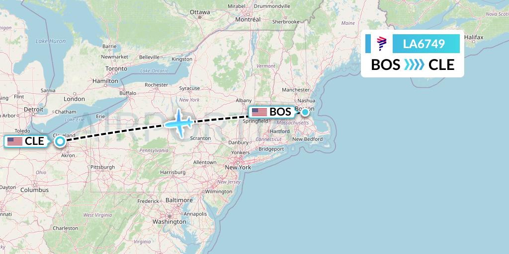 LA6749 LAN Airlines Flight Map: Boston to Cleveland
