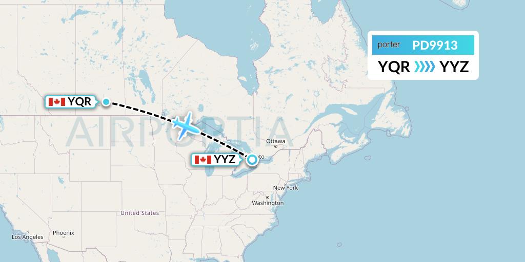 PD9913 Porter Airlines Flight Map: Regina to Toronto