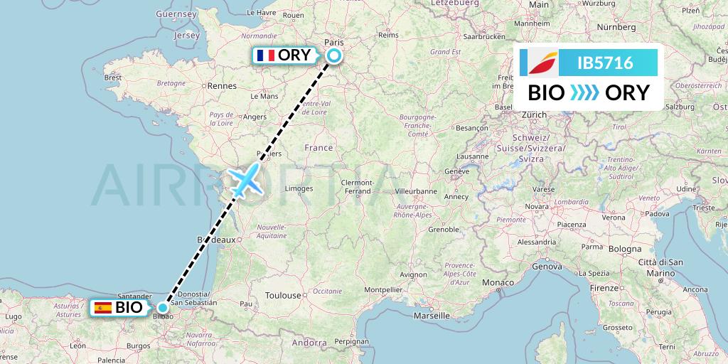 IB5716 Iberia Flight Map: Bilbao to Paris