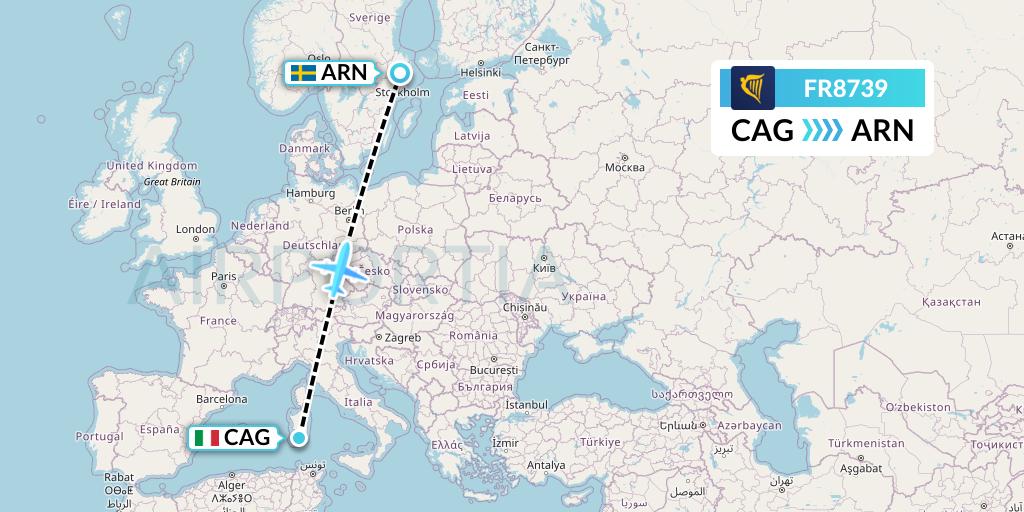 FR8739 Ryanair Flight Map: Cagliari to Stockholm