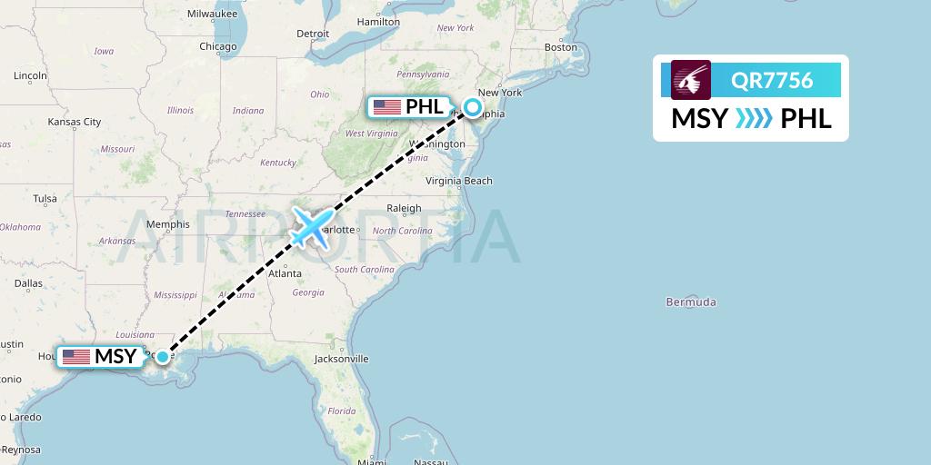 QR7756 Qatar Airways Flight Map: New Orleans to Philadelphia