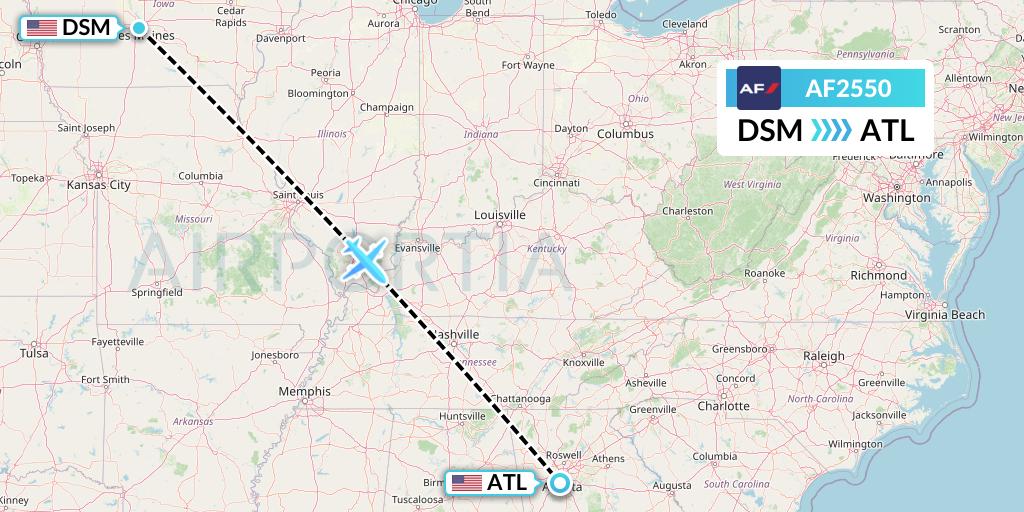 AF2550 Air France Flight Map: Des Moines to Atlanta