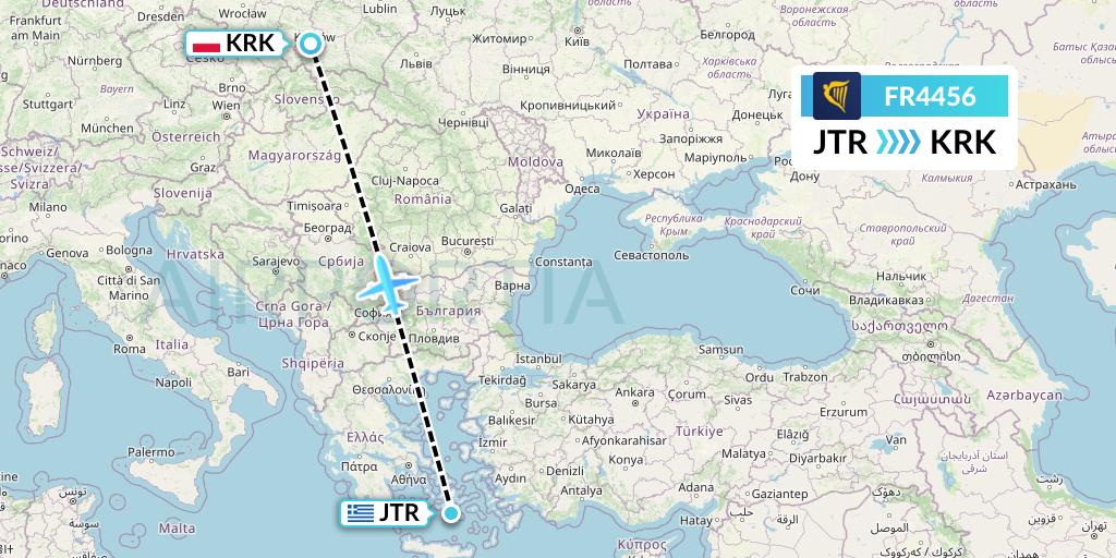FR4456 Ryanair Flight Map: Santorini to Krakow