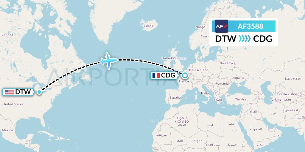 AF3588 Air France Flight Map: Detroit to Paris