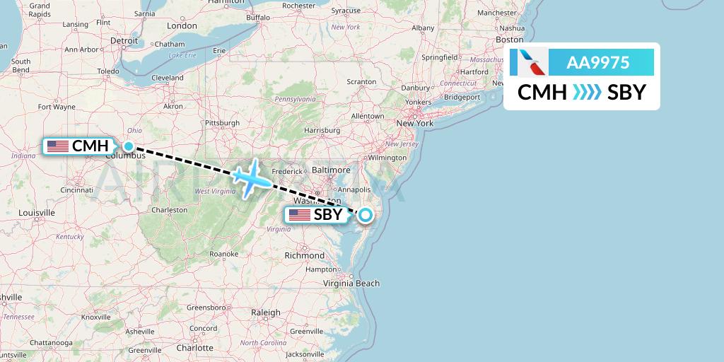 AA9975 American Airlines Flight Map: Columbus to Salisbury
