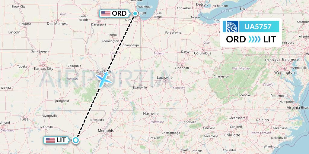 UA5757 United Airlines Flight Map: Chicago to Little Rock