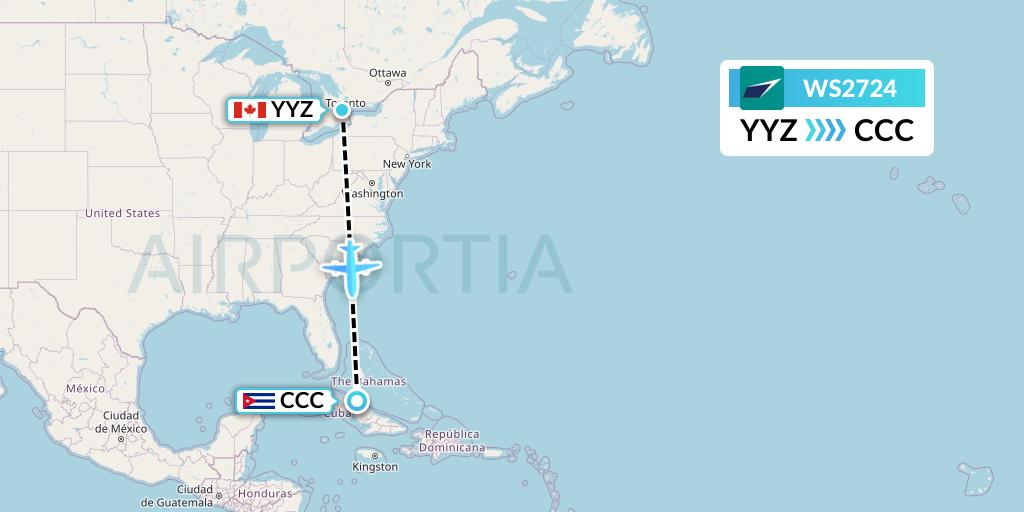 WS2724 WestJet Flight Map: Toronto to Cayo Coco