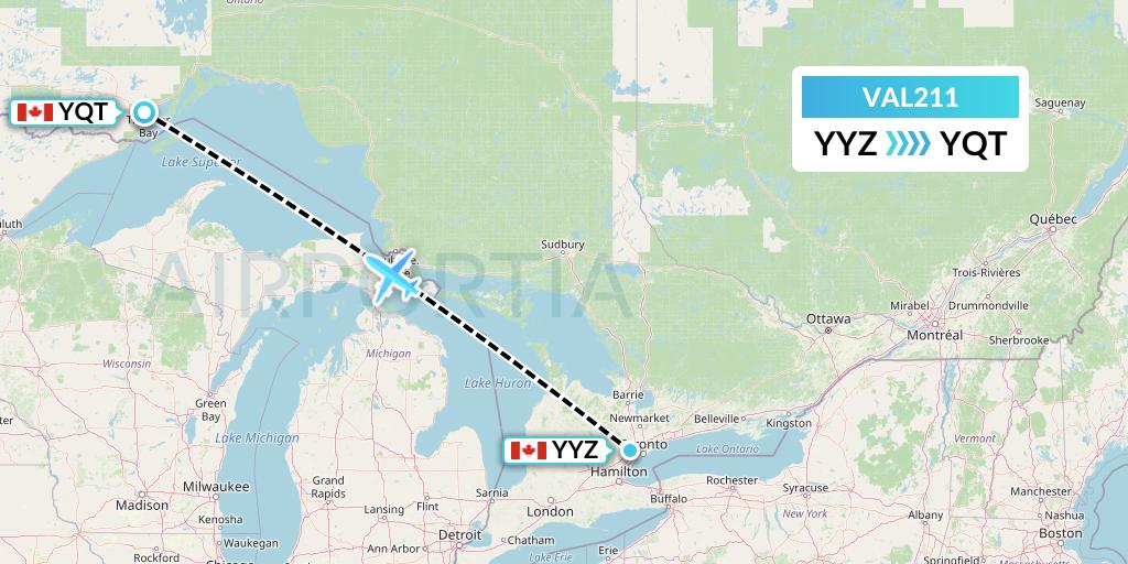 VAL211 Voyageur Airlines Flight Map: Toronto to Thunder Bay