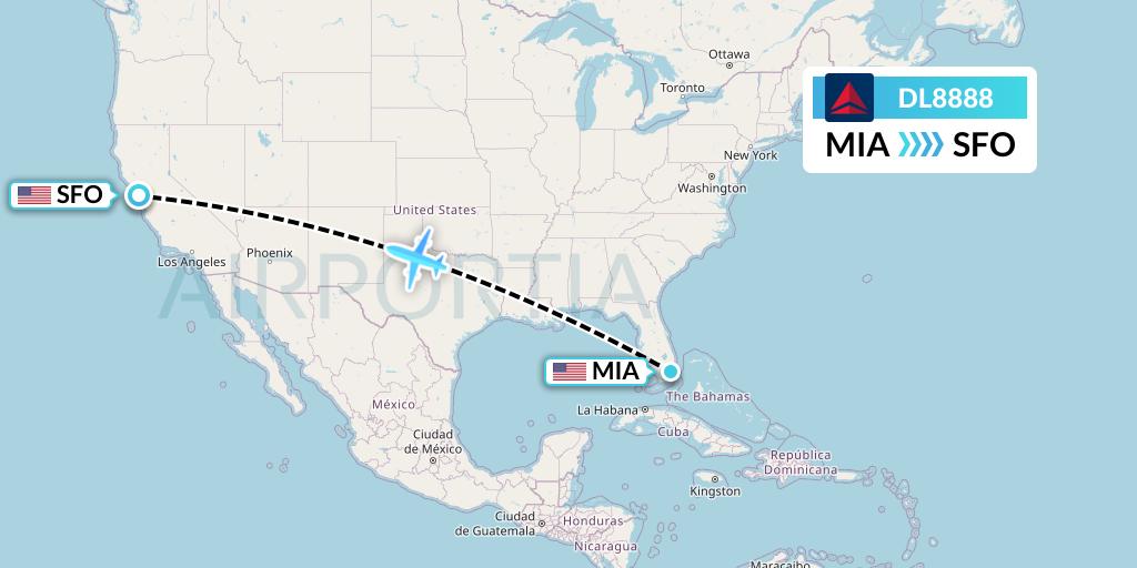 DL8888 Delta Air Lines Flight Map: Miami to San Francisco