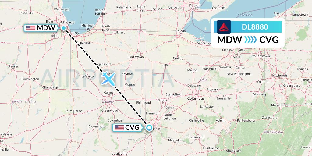 DL8880 Delta Air Lines Flight Map: Chicago to Cincinnati