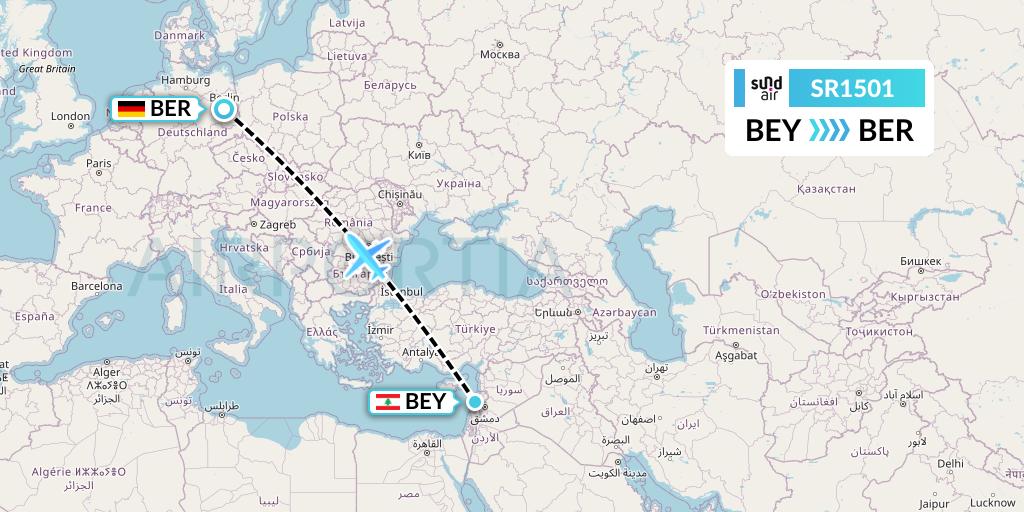 SR1501 SundAir Flight Map: Beirut to Berlin