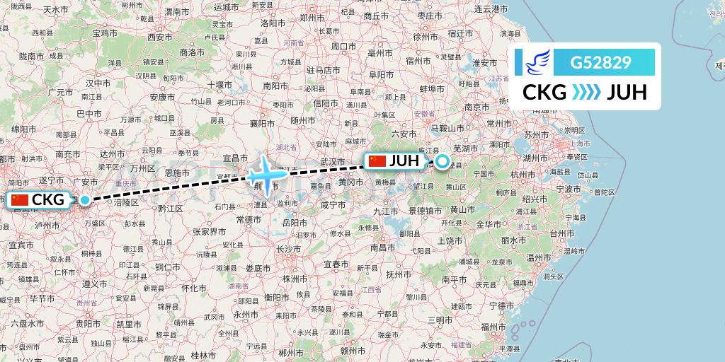 G52829 China Express Airlines Flight Map: Chongqing to Chizhou