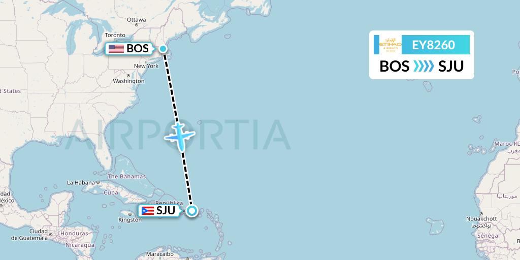 EY8260 Etihad Airways Flight Map: Boston to San Juan