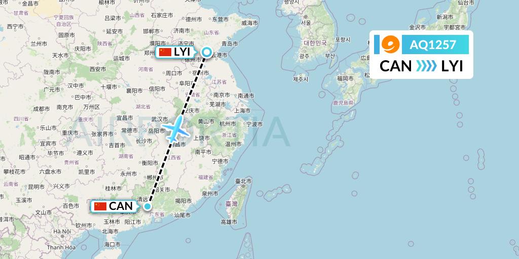 AQ1257 9 Air Flight Map: Guangzhou to Linyi
