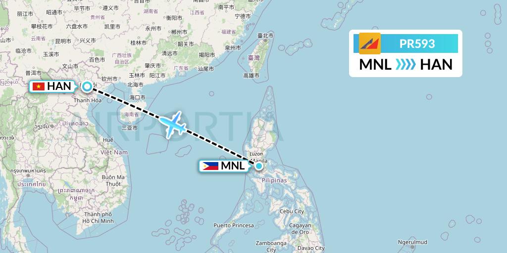 PR593 Philippine Airlines Flight Map: Manila to Hanoi