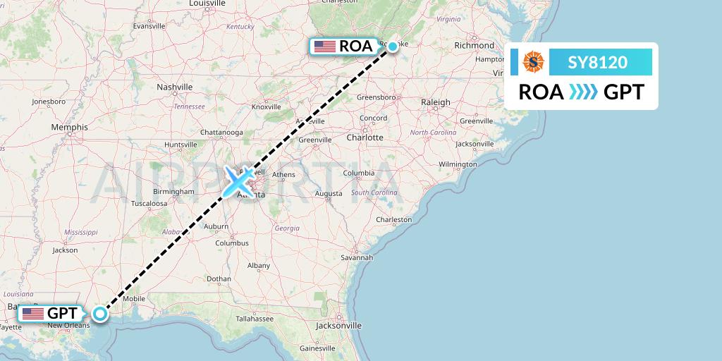 SY8120 Sun Country Airlines Flight Map: Roanoke to Gulfport