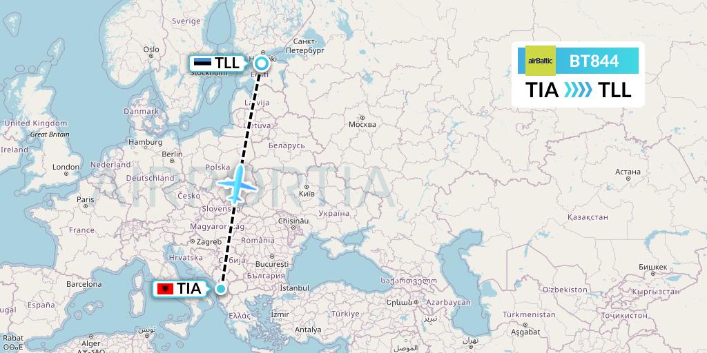 BT844 Air Baltic Flight Map: Tirana to Tallinn
