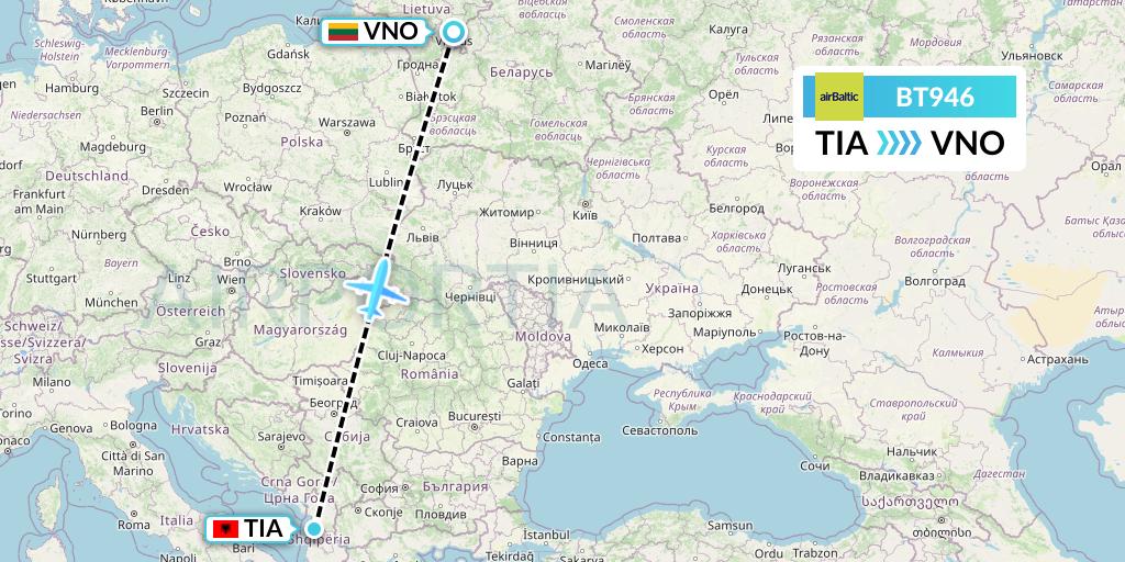BT946 Air Baltic Flight Map: Tirana to Vilnius