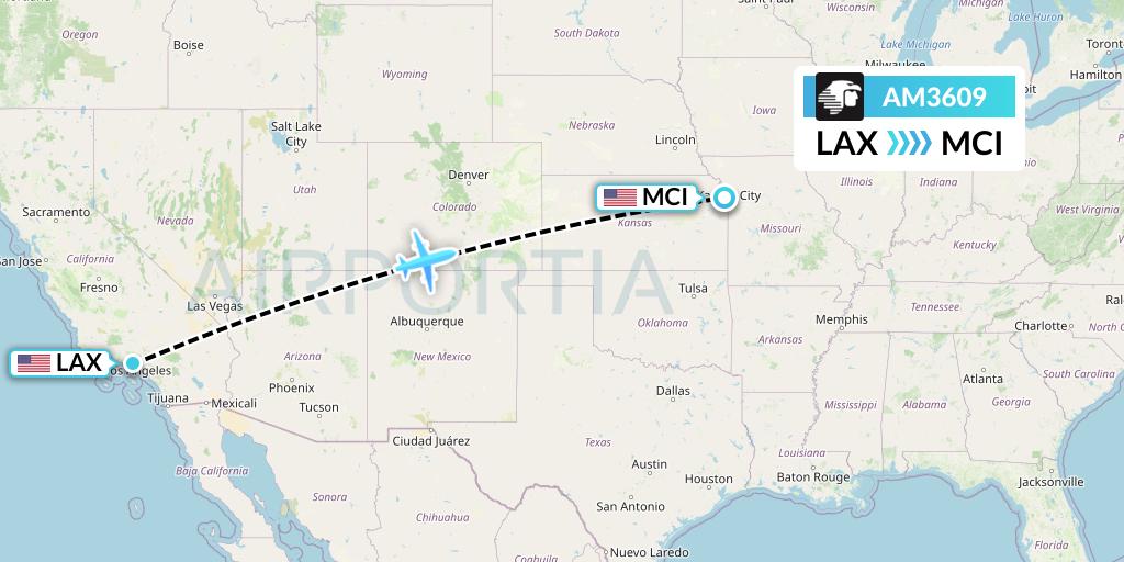 AM3609 Aeromexico Flight Map: Los Angeles to Kansas City