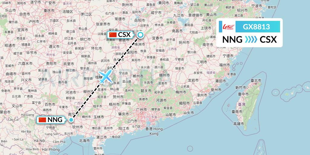 GX8813 GX Airlines Flight Map: Nanning to Changsha