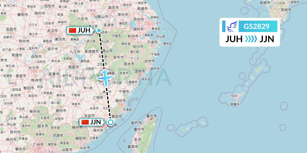 G52829 China Express Airlines Flight Map: Chizhou to Jinjiang