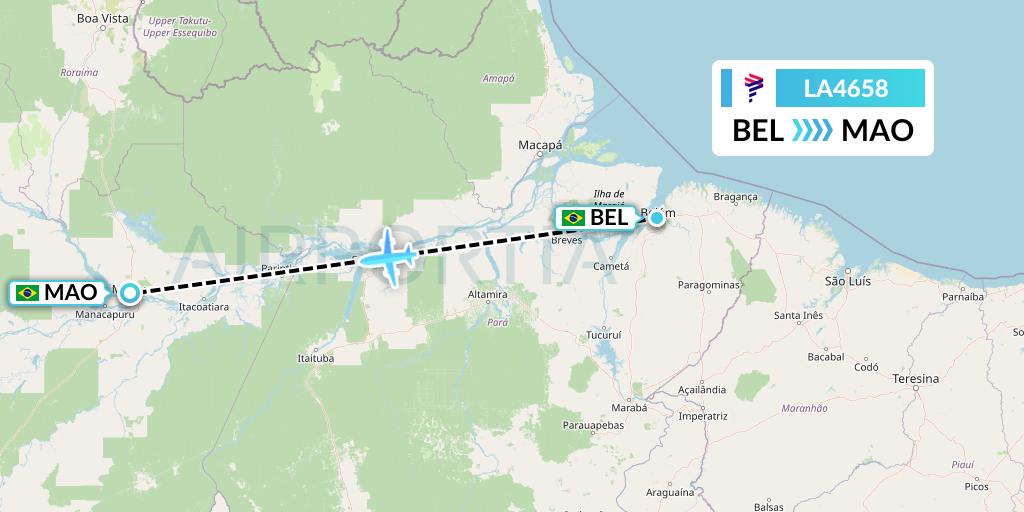 LA4658 LAN Airlines Flight Map: Belem to Manaus