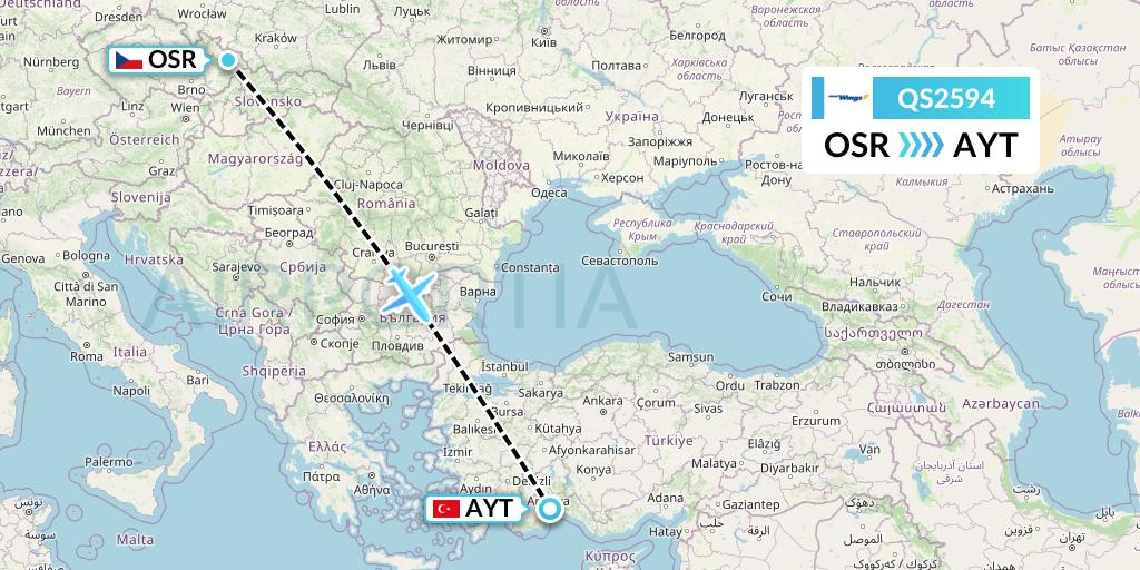 QS2594 Smartwings Flight Map: Ostrava to Antalya