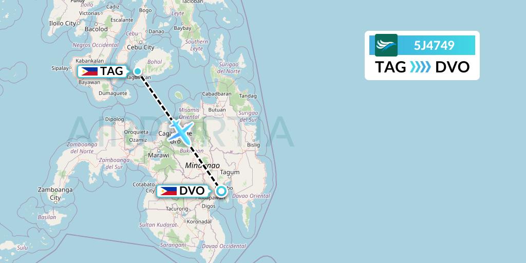 5J4749 CEBU Pacific Air Flight Map: Tagbilaran City to Davao City