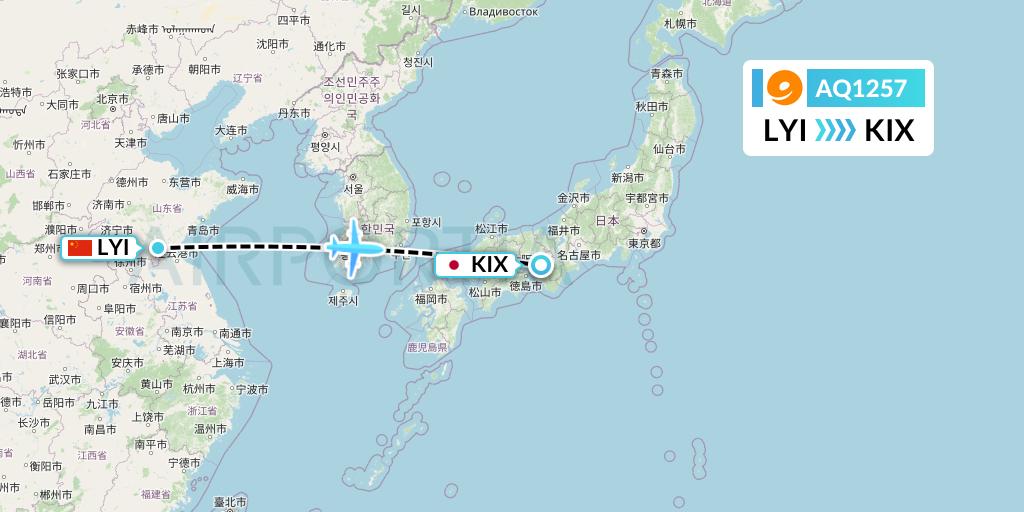 AQ1257 9 Air Flight Map: Linyi to Osaka