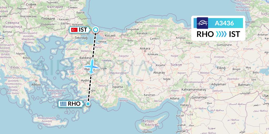 A3436 Aegean Airlines Flight Map: Rhodes to Istanbul