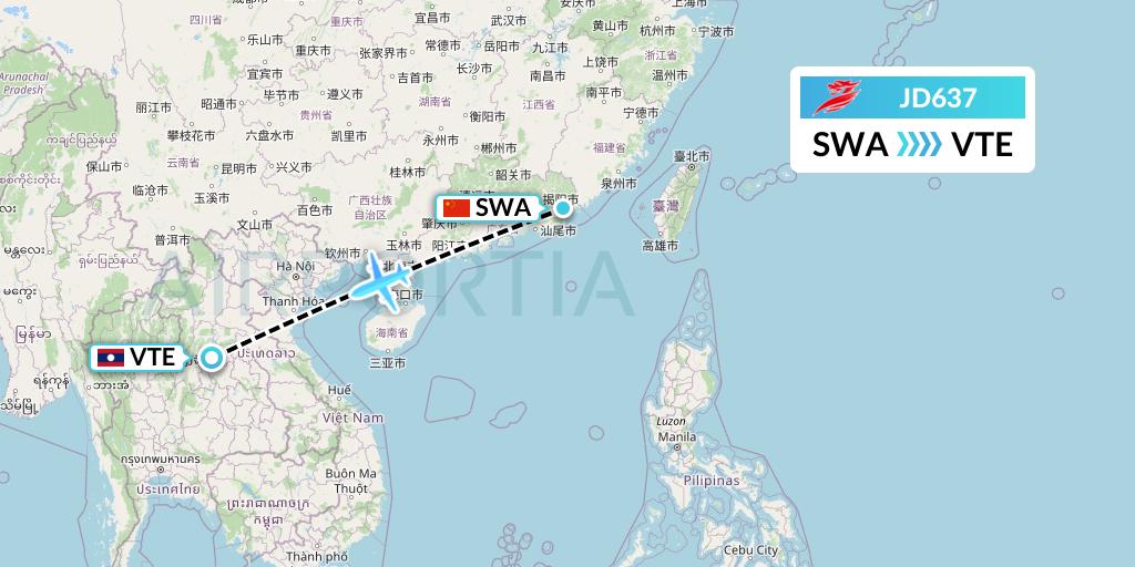 JD637 Capital Airlines Flight Map: Jieyang to Vientiane