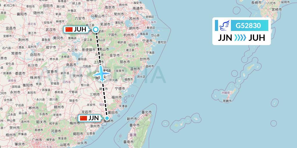 G52830 China Express Airlines Flight Map: Jinjiang to Chizhou